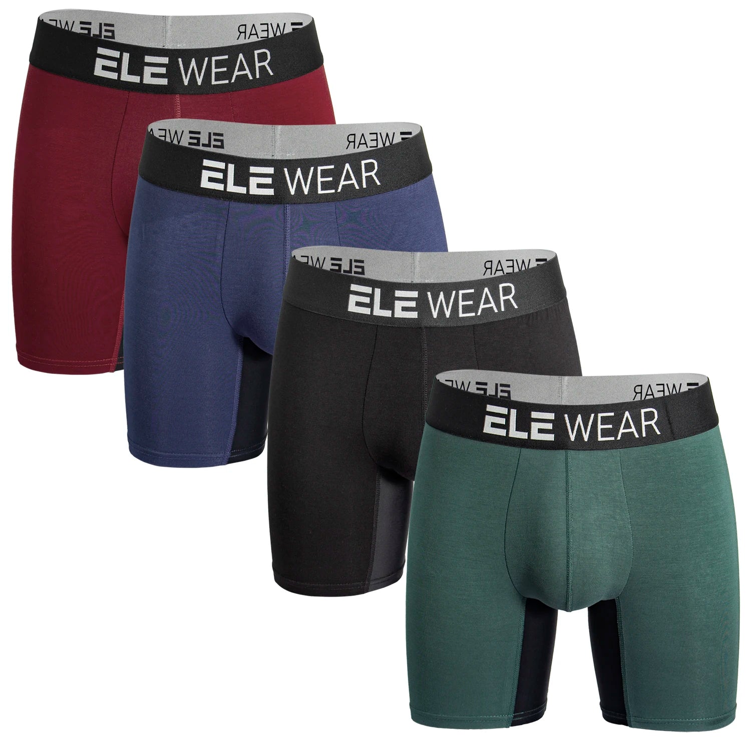 Four pairs of breathable bamboo men's boxer shorts from ShopHub NZ, showcasing comfortable, eco-friendly underwear with elastic waistbands.