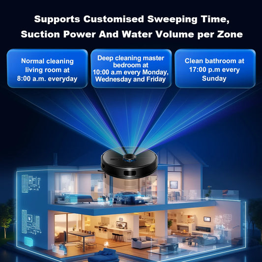 Liectroux M70 Pro robot vacuum cleaner and mop cleaning hardwood floor with dustbin and control buttons visible.