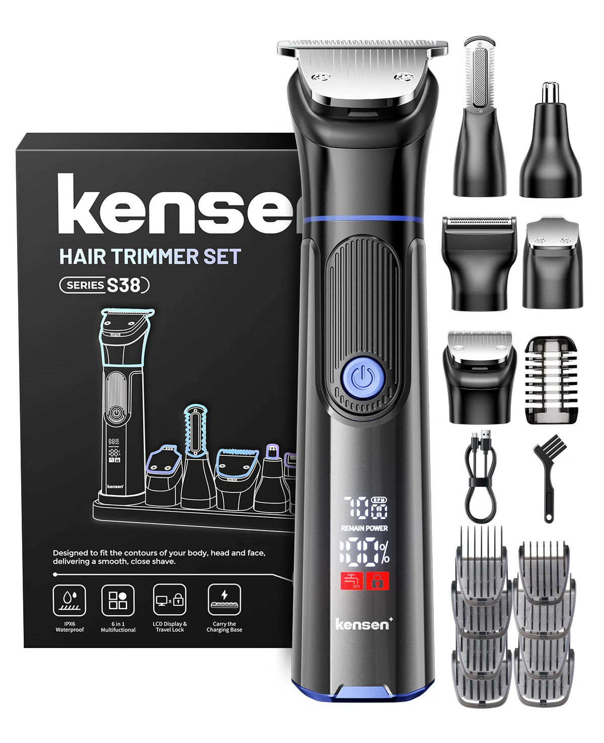 Kensen S38 Electric Hair Trimmer for hair crimping, black and silver handheld grooming tool with adjustable settings.