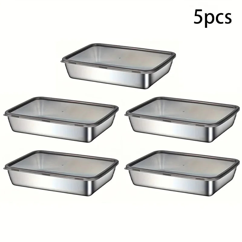 Set of five stainless steel food storage containers with airtight lids, ideal for kitchen organization and meal prep.