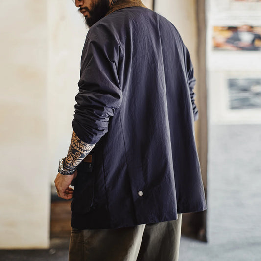 Maden Vintage Men's Blue Safari Jacket Waterproof Hunting Coat Loose Fit Windproof Contrast Collar Windbreak for Spring Fall