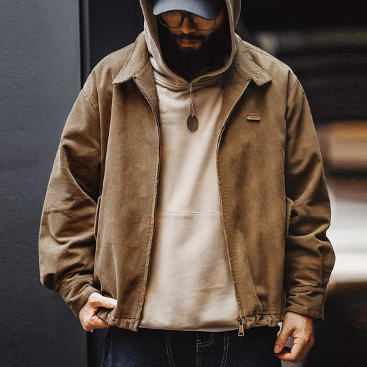 Maden Retro Corduroy Jacket with Stand-up Collar Zipper Flap Pockets Casual Solid Color Outwear for Men's Autumn Versatile Coat
