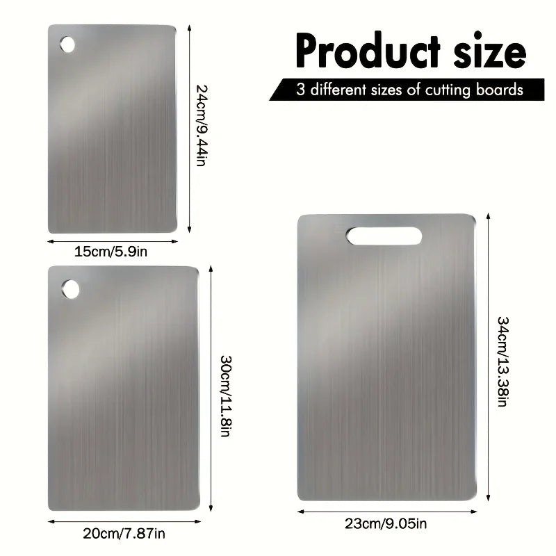 Stainless steel ShopHub NZ chopping boards for food prep, showing sleek, durable cutting surfaces on a clean kitchen countertop.