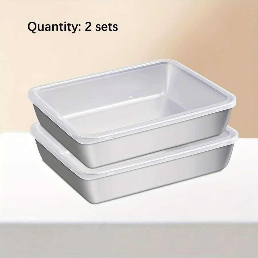 Three stainless steel food storage containers set with lids, durable and eco-friendly, ideal for kitchen organization and meal prep.