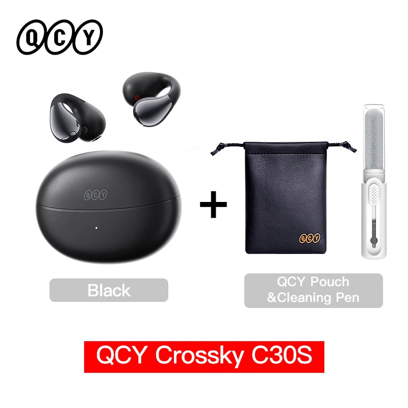 Wireless QCY Crossky C30S earphones with open ear clips, Bluetooth 6.0, Hi-Res LDAC, and 40-hour battery life.