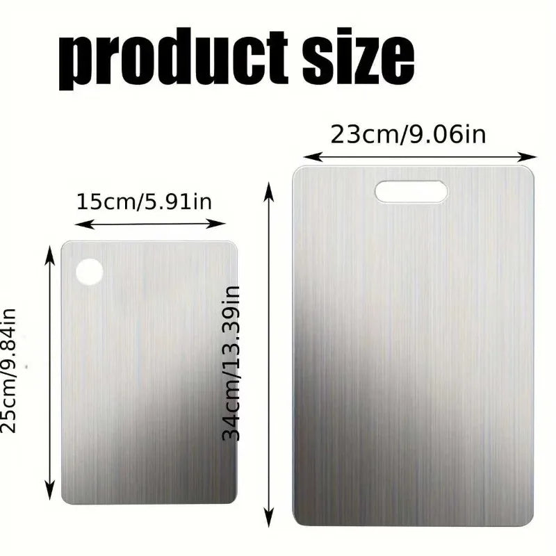 Two stainless steel chopping boards from ShopHub NZ in a set, ideal for food preparation and kitchen use.