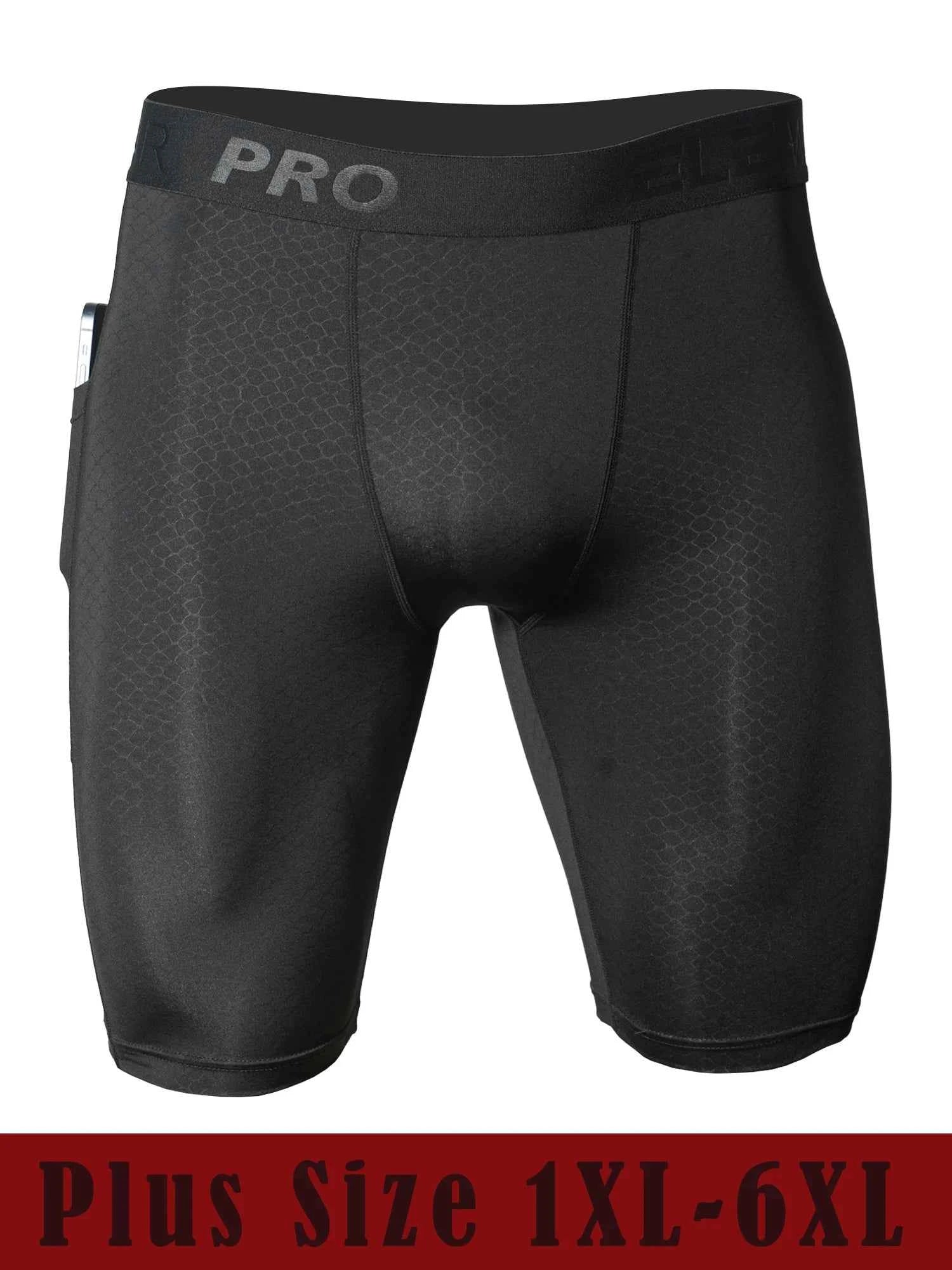 Men's sports running boxer shorts with side pockets, plus size 1XL-6XL, in black with comfortable elastic waistband.