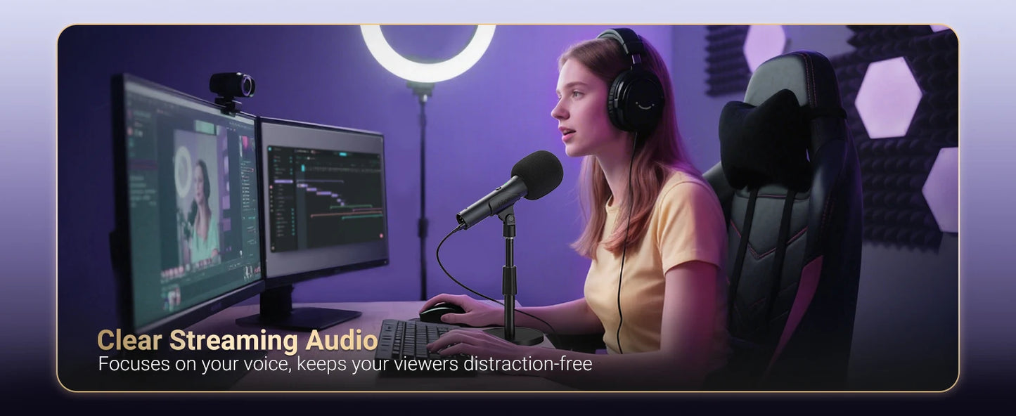 A woman wearing over-ear headphones sits at a desk with two computer monitors, a microphone, and a ring light in a purple-lit streaming setup. Text at the bottom reads 'Clear Streaming Audio' and 'Focuses on your voice, keeps your viewers distraction-free.