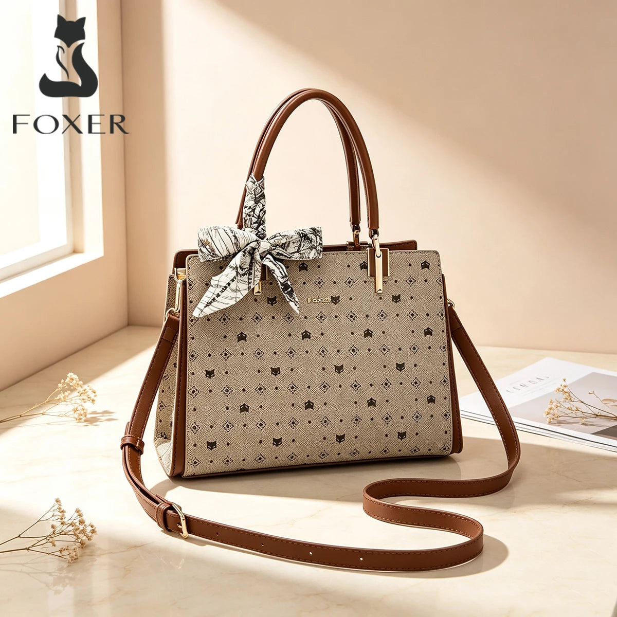 FOXER Vintage Women Handbag PVC Leather Tote Bag Large Capacity Top‑Handle Shoulder Crossbody Bag for Ladie Daily Work Purse