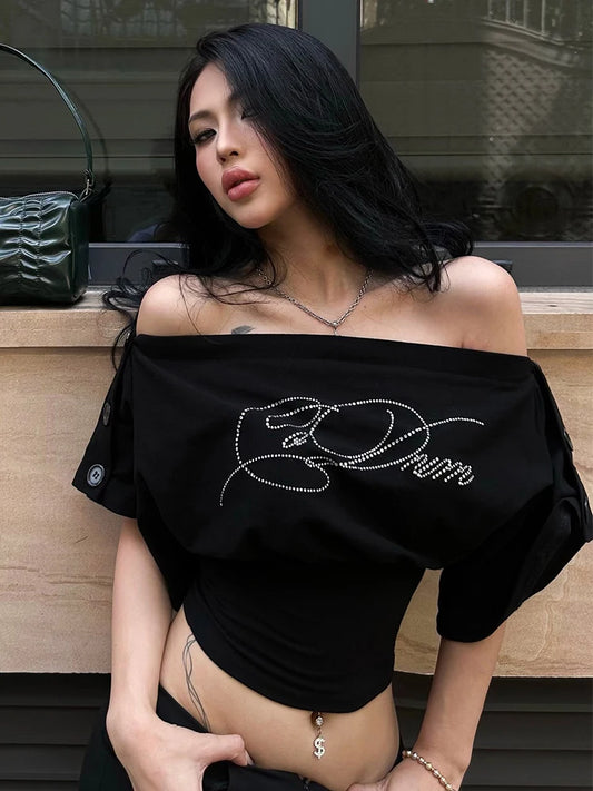 Kliou Rhinestone Decoration T-Shirt