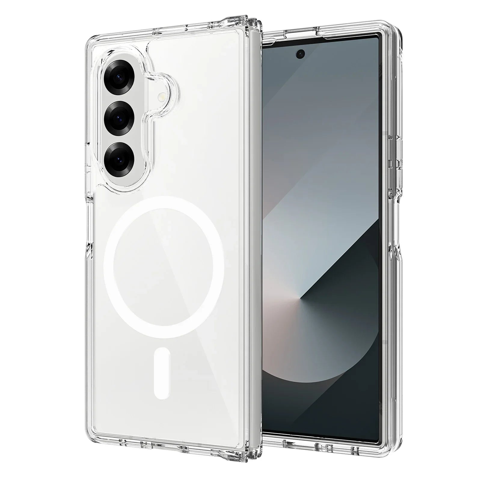 Transparent 9eight5 phone case for Samsung Galaxy Z Fold7 by Habicare, showing the clear protective design on the foldable phone.