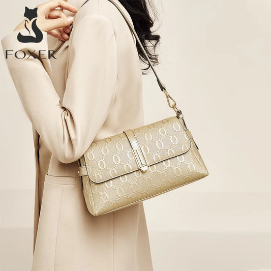 FOXER Split Leather Women's Shoulder Bag Luxury Female Crossbody Bag Fashion Monogram Gold Embossing Bag for Commute & Travel