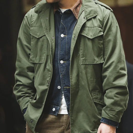 Maden Military M65 Field Jackets For Men's Green Vintage Army Jacket Casual Windbreaker Solid Lapel Collar with Pockets Overcoat