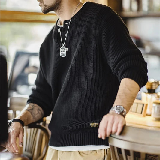 MADEN Black Henley Knit Pullover
