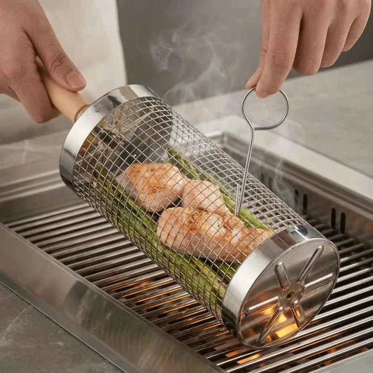 2Pcs Stainless Steel BBQ Grill Set, Camping Supplies & Equipment, Heavy Duty Camping Cooking Tool with Wood Handle & Hook