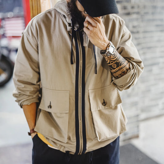 Maden Men's Vintage Canvas Jacket Khaki Cotton Hooded Zip-Up Multiple Pockets Outwear Casual Workwear Coat for Spring/Autumn