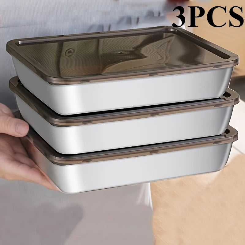 Set of 6 stainless steel food containers with black lids, ideal for storing and transporting meals and leftovers.