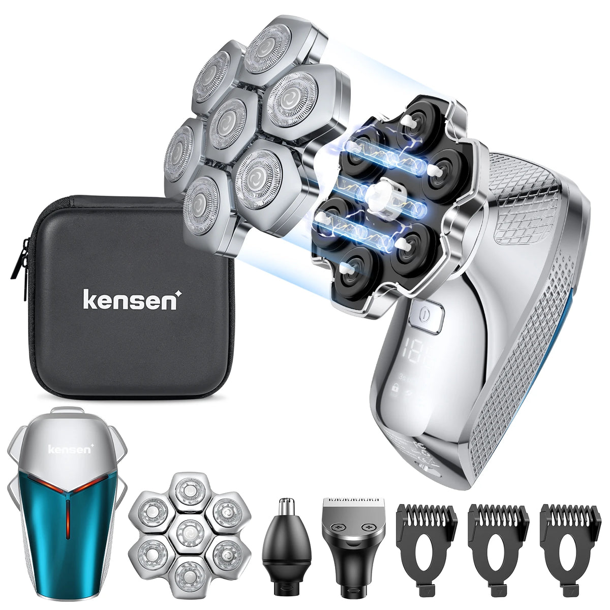 Kensen S18 Electric Head Shaver with hair crimper plates, designed for precise styling and scalp grooming.
