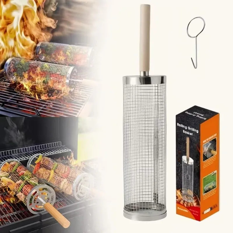 2-Piece Stainless Steel BBQ Grill Set with Wood Handle & Hook