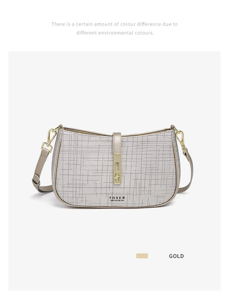 FOXER Cowhide Leather Women Baguette Shoulder Bag Light Luxury Ladies Crossbody Bag Fashion Sling Purse for Daily Dating Use
