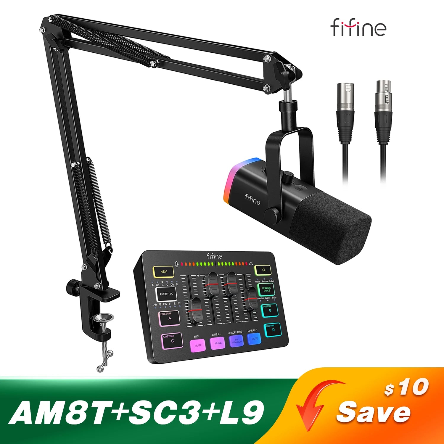 FIFINE gaming audio set with studio microphone and headphones for streaming and podcasting, in black and silver design.