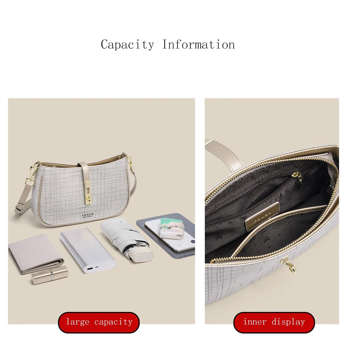 FOXER Cowhide Leather Women Baguette Shoulder Bag Light Luxury Ladies Crossbody Bag Fashion Sling Purse for Daily Dating Use