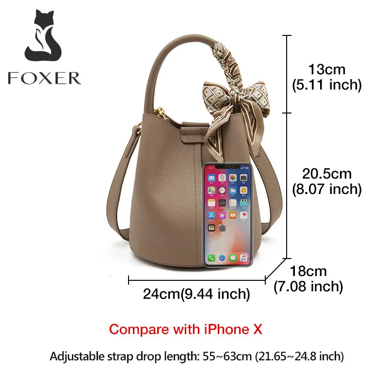 FOXER Women Shoulder Bag Crossbody Handbag Lady Genuine Leather+ Microfiber Fashion Bucket Bag Gift for Lover