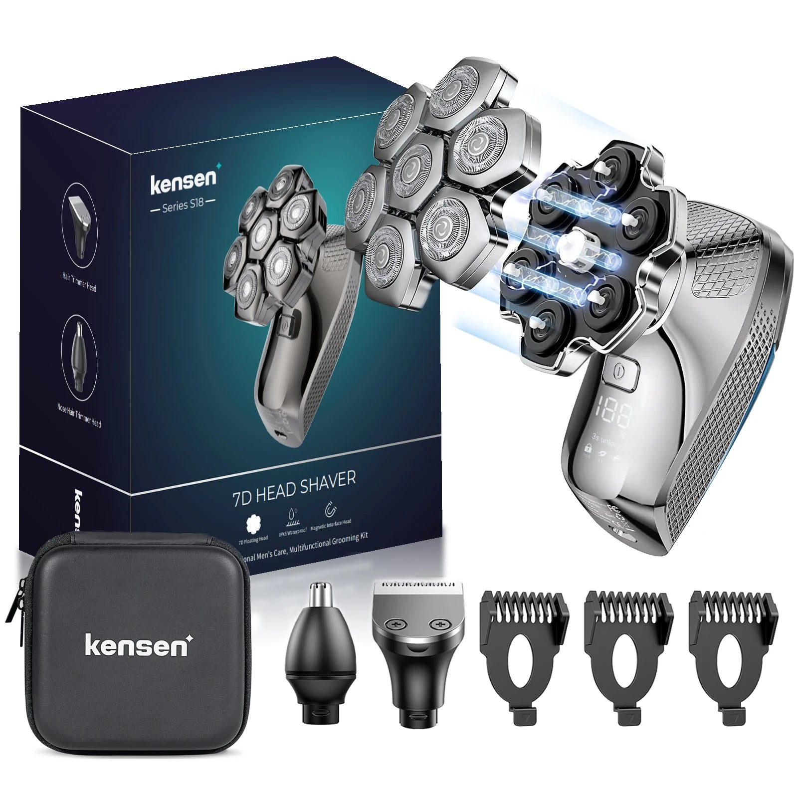 KENSEN 5-in-1 electric head shaver with magnetic 7D floating blades, designed for precise hair grooming and trimming.
