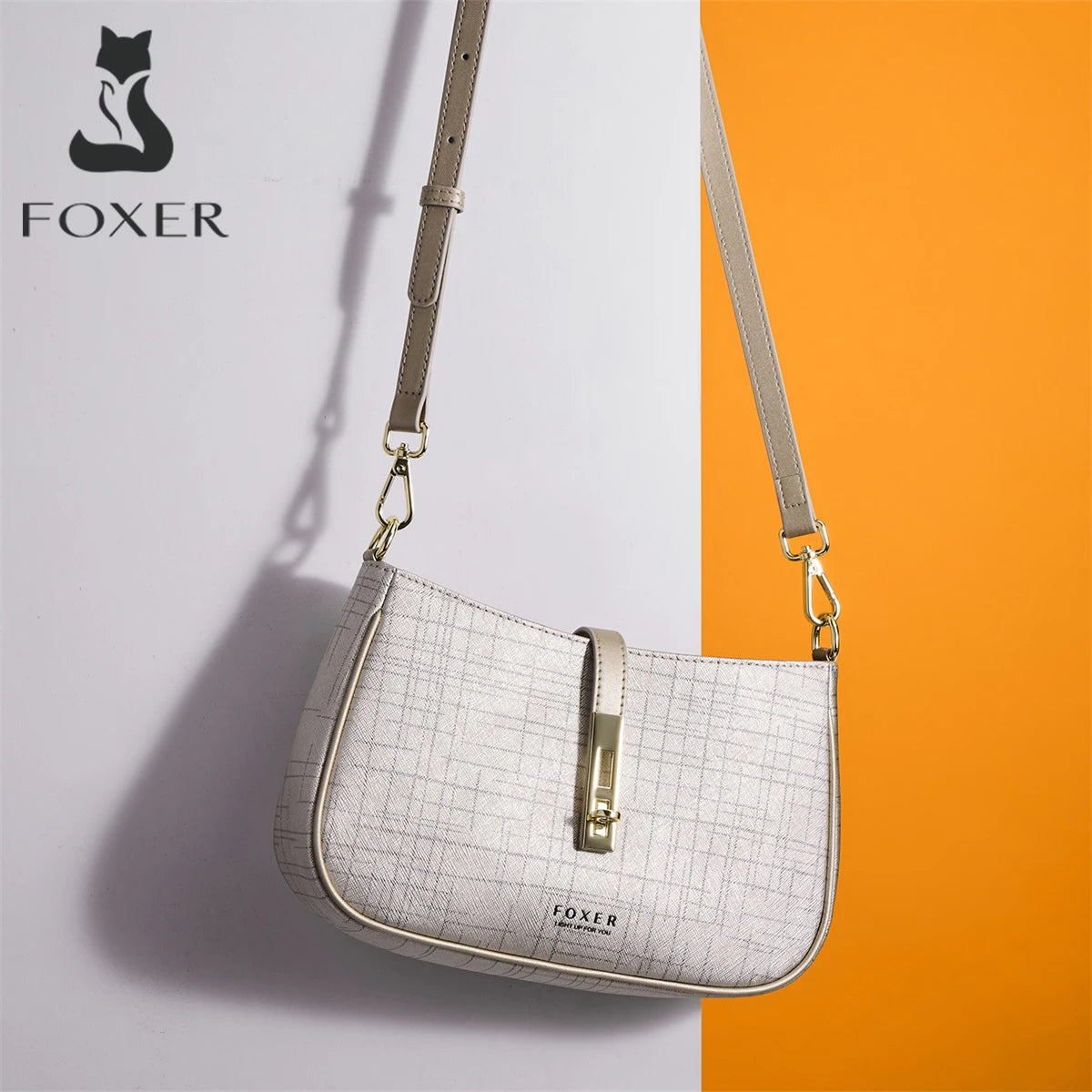FOXER Cowhide Leather Women Baguette Shoulder Bag Light Luxury Ladies Crossbody Bag Fashion Sling Purse for Daily Dating Use