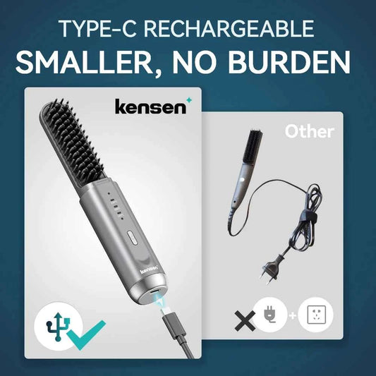 Kensen Wireless Hair Straightener Brush - Negative Ion USB Rechargeable Fast Heat Styling Comb for Men and Women