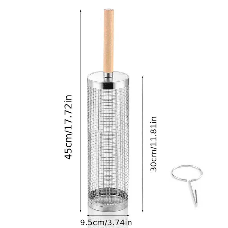 2Pcs Stainless Steel BBQ Grill Set - Heavy Duty Camping Cooking Tool with Wood Handle & Hook