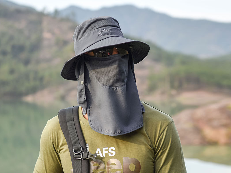 Grey wide-brim bucket sun hat by dealonline.co.nz, outdoor fishing and hiking cap with UV protection.