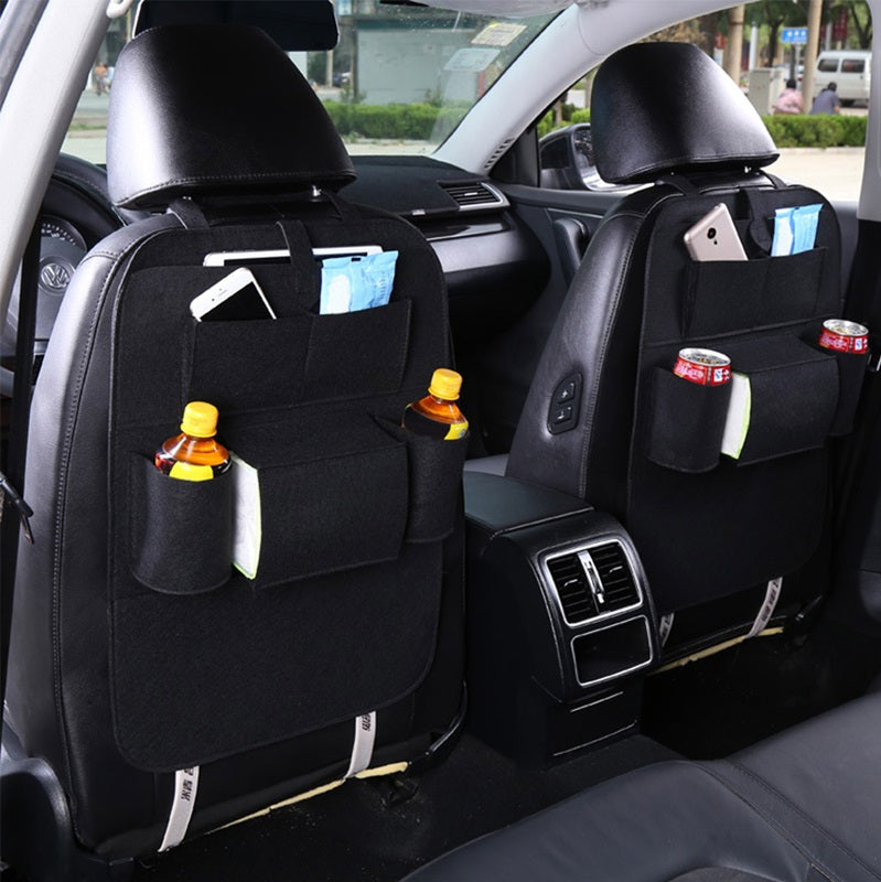 Black PVC leather car back seat storage bag with multiple pockets and iPad mini holder, designed for organized backseat storage.