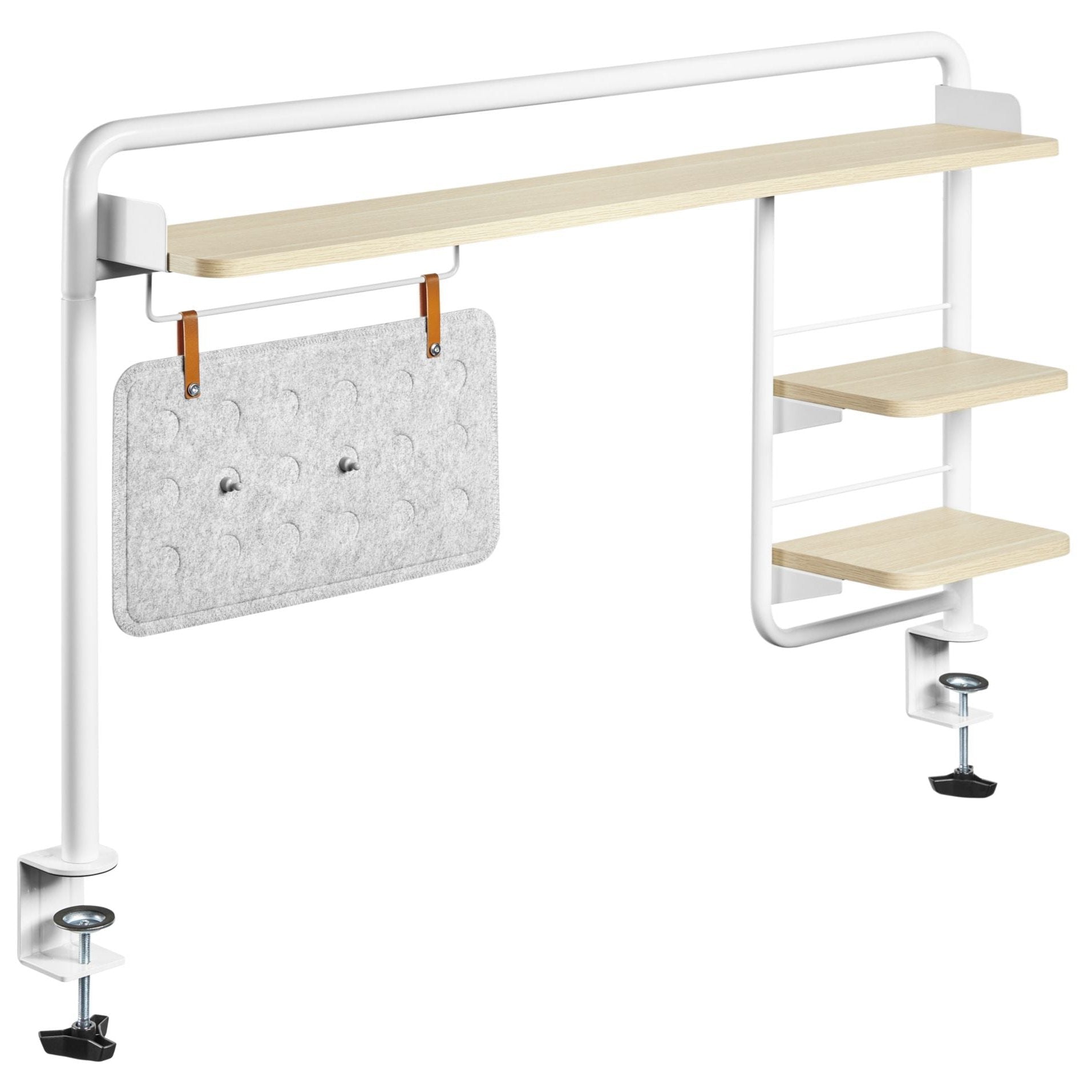 Sue-e Furniture Ergomax Clamp-on desk shelf attached to a computer desk, providing extra storage space in a modern workspace.