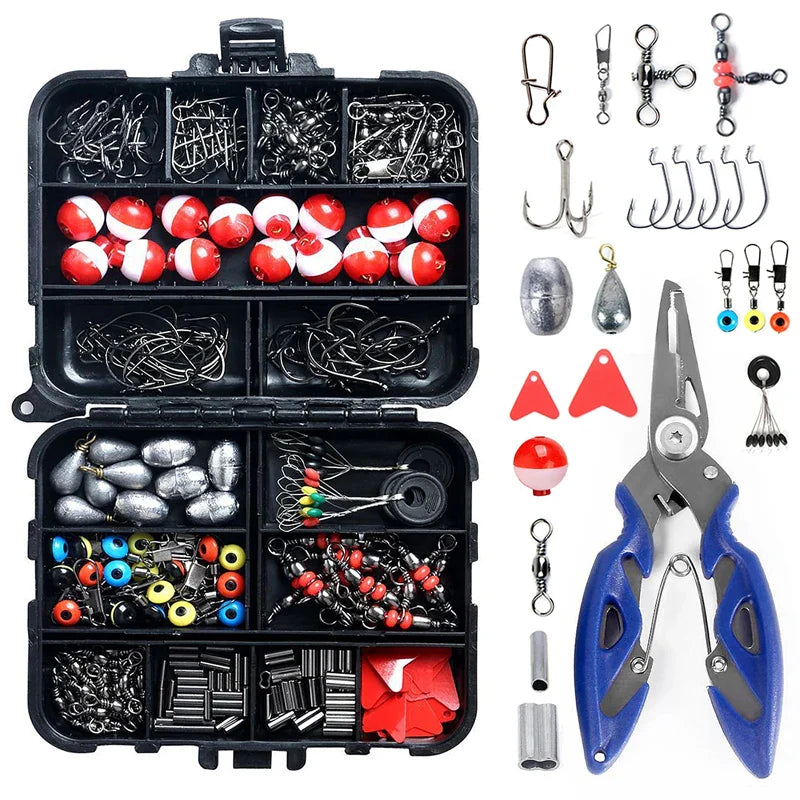 Habicare outdoor fishing accessories set with tackle box, 263-piece SS fishing gear for freshwater and saltwater fishing trips.