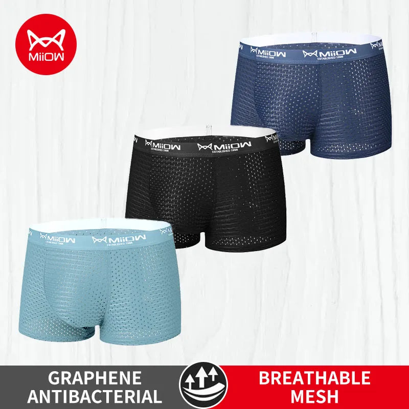 MiiOW Ice Silk men's underwear, 3-pack breathable mesh boxer shorts with sexy design, lightweight and comfortable men's boxer briefs