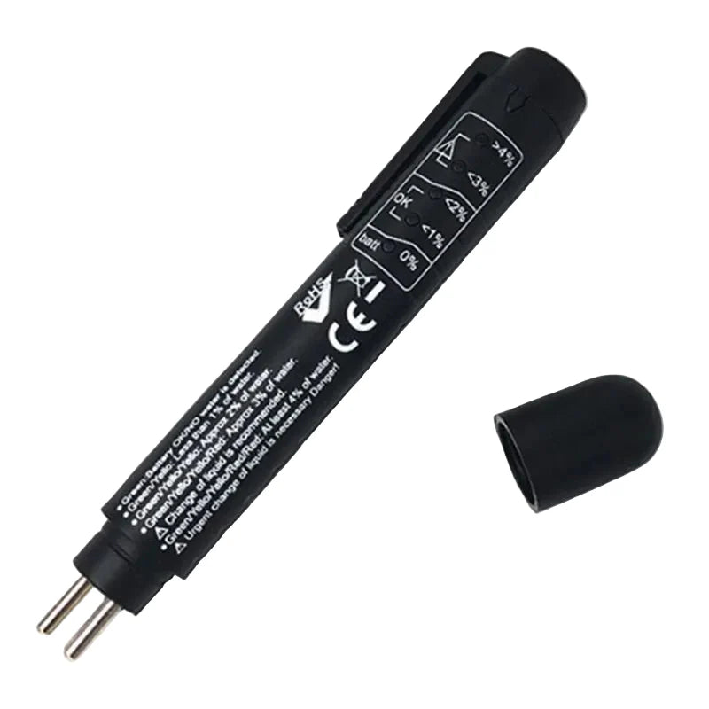 HBC Habicare digital car brake fluid tester showing a close-up of the device with display screen and test results.