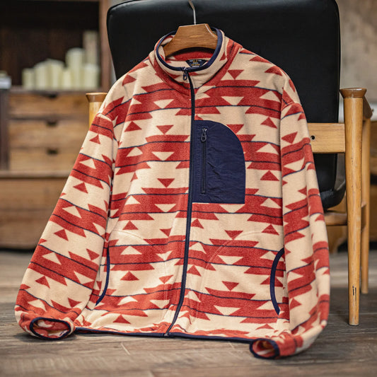Maden Men's Vintage Navajo Polar Fleece Jacket Stand Collar Zip-Up Patchwork Sweatshirt Warm Cardigan for Spring and Autumn Coat