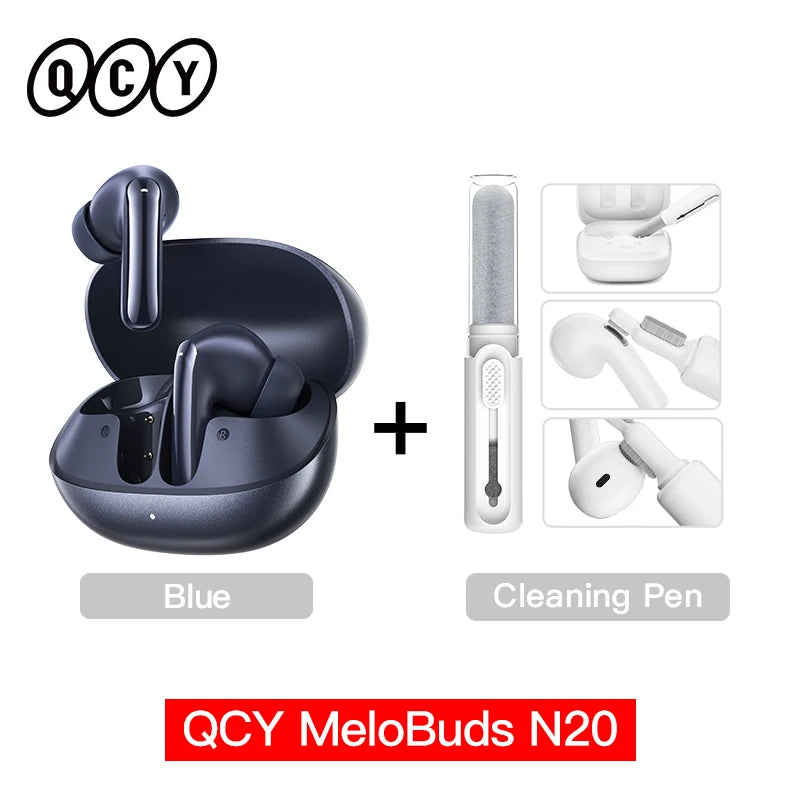 QCY MeloBuds N20 wireless Bluetooth earphones with 13mm drivers, noise cancelling, and 40-hour battery life, black in color.