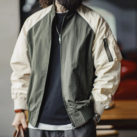 Maden Vintage Contrast-color MA1 Bomber Jacket Short Zip-up Pocket Baseball Jacket Men's Casual Outerwear for Spring and Autumn