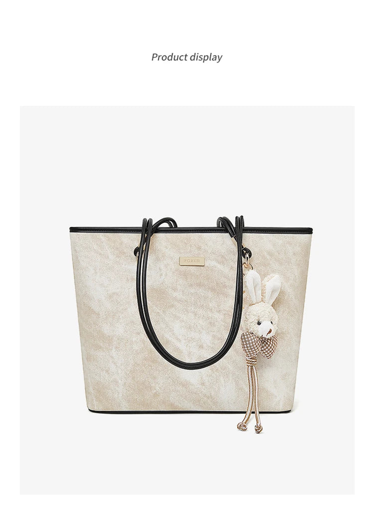 FOXER Designer Women's Tote Bag High Quality PVC Leather Female Handbag Trendy Casual Commuter Shoulder Bag with Pendant