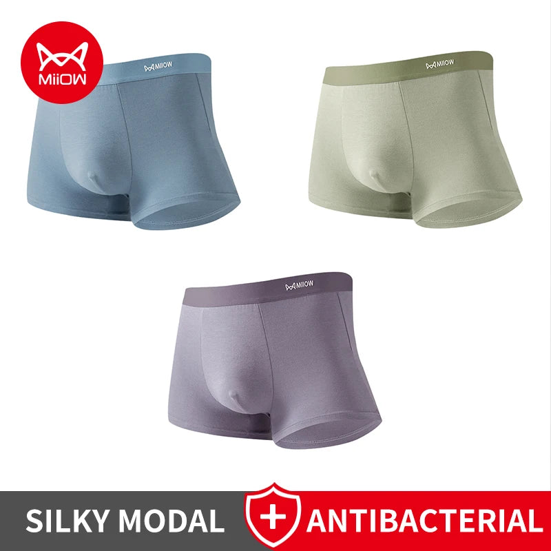 Men's antibacterial modal boxer briefs by MiiOW, breathable 3-pack men's underwear with comfortable fit and antibacterial fabric.