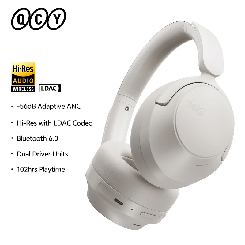 QCY Wireless Bluetooth Headphones BH25H3SA with 3D spatial audio, foldable over-ear design, 53mm driver, and adaptive ANC.