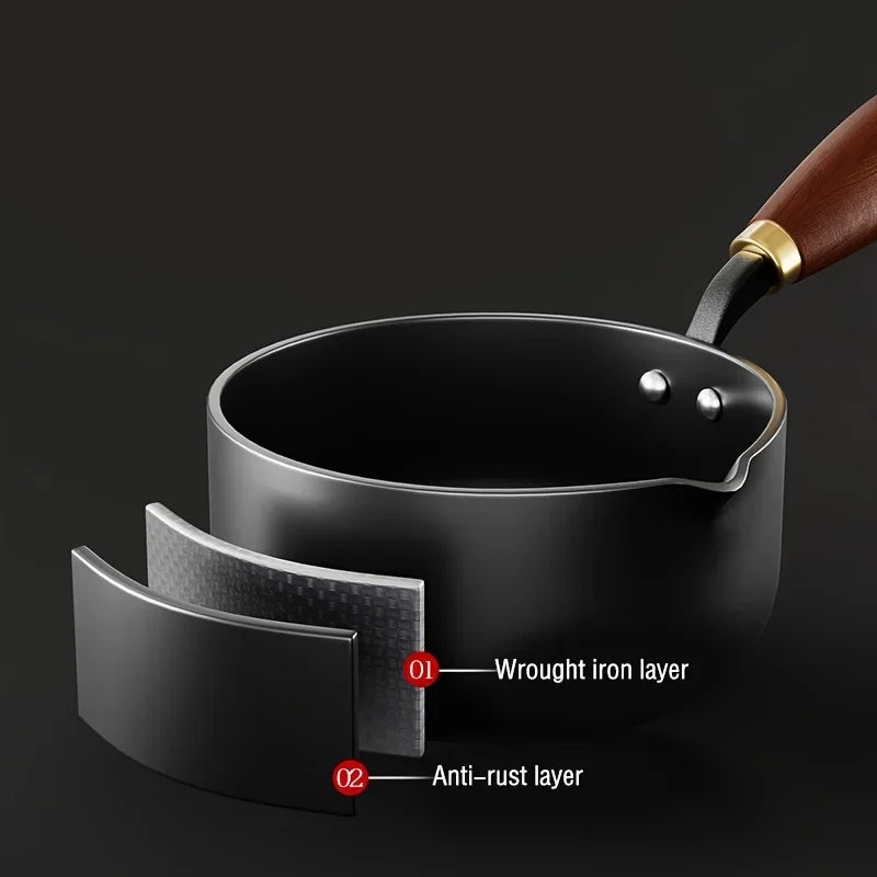 Milk Pot with Wooden Handle - Induction Compatible Small Saucepan for Boiling Milk, Soup & Noodles with Lid