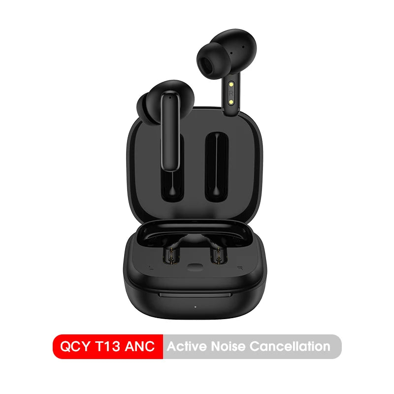 QCY T13 ANC wireless earphones with Bluetooth 5.3, active noise cancellation, and four microphones for clear calls.