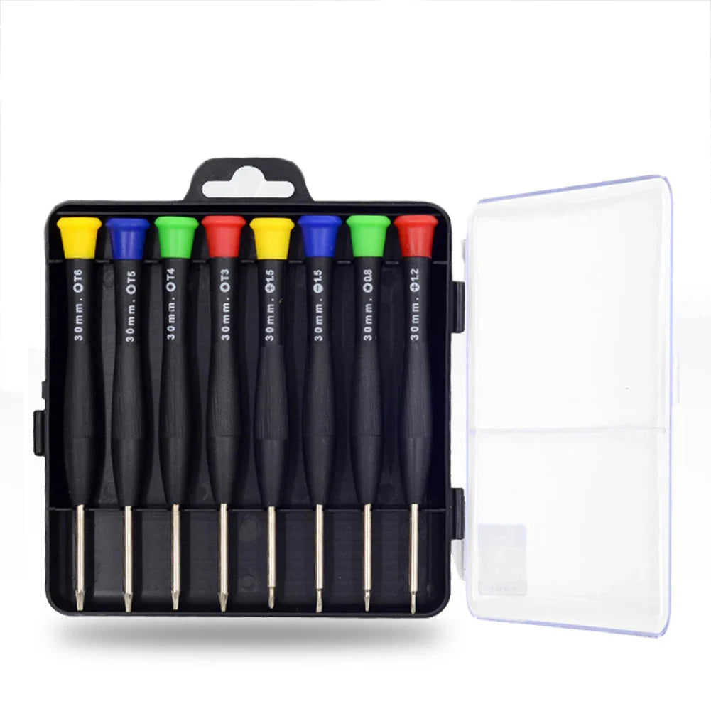 Habicare HBC precision watch screwdriver set with 8 small screwdrivers for delicate watch repairs, shown in a compact case.
