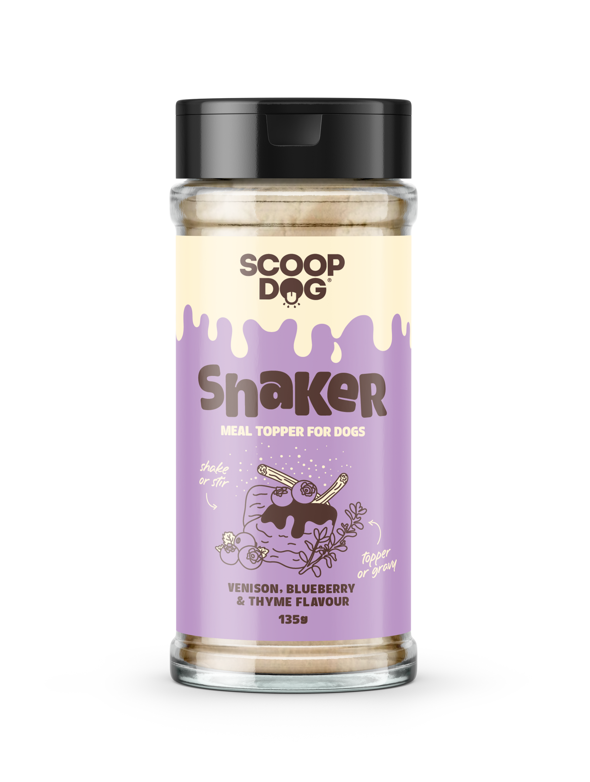 Scoop Dog shaker jar by Animal Addiction Limited with venison, blueberry, and thyme flavor for dogs, front view of the 135g container.