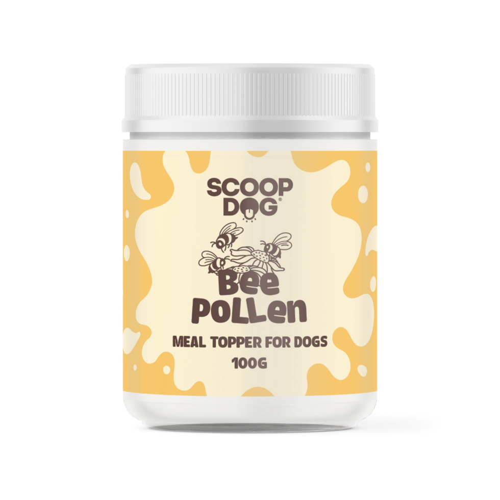 Scoop Dog Bee Pollen Topper in a 100g container, natural supplement for dogs, by Animal Addiction Limited