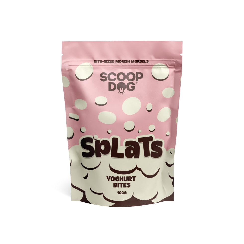 Scoop Dog Splats Yoghurt by Animal Addiction Limited, a colorful dog treat in a bright packaging with yoghurt flavor.