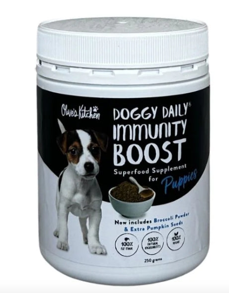 Doggy Daily Immunity Boost supplement for puppies in a 250g container, natural ingredients, from Animal Addiction Limited.